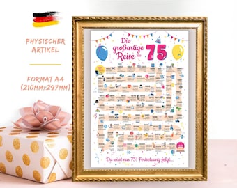 Die großartige Reise zu 75 - Geburtstag Frau und Mann ab 75 Jahre - Schöne Geburtstagskarte 1951 A4 Print