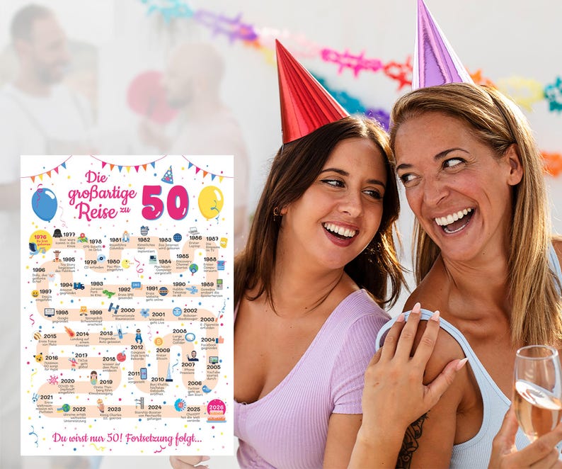 May include: A colorful birthday poster with the text "Die gro&szlig;artige Reise zu 50" and a timeline of events. Two women wearing party hats are smiling. Balloons and confetti decorate the scene, celebrating a milestone birthday.