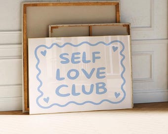 Self Love Club-print, lichtblauwe retro quote poster (digitale download)