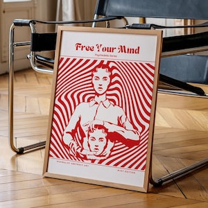 Free Your Mind Retro Print, Red Wall Art, Affirmation Poster, 70s Poster, Trendy Wall Art, Vintage Poster, Psychedelic Room Decor, Red Print