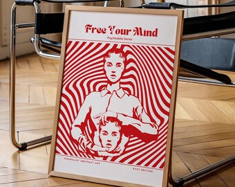 Psychedelische retroprint uit de jaren 70: "Free Your Mind" rode muurkunst (digitale download)