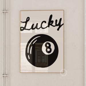 Vintage 8 poolballprint, esthetisch decor, geluksposter, retro handgetekende muurkunst, zwarte funky kunst, trendy barwagenposter, Y2k-appartement