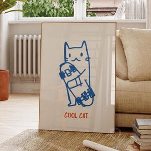 Cat Wall Art, Funny Skateboard Cat Poster, Digital Wall Art, Cat Lover Gifts, Funky Wall Art, Cute Kitten Illustration, Cool Digital Art