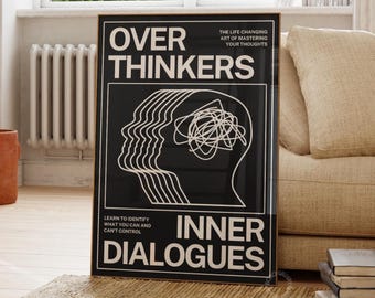 Overthinkers Trippy Art Print, Psychedelic Black Wall Decor (Digital Download)