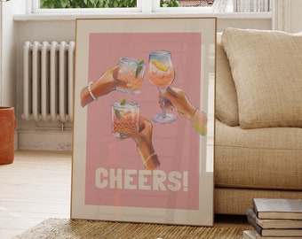 Arte de carrito de bar, impresiones de arte de pared retro, decoración moderna y funky, arte de pared preppy, decoración de apartamentos con estilo, impresión de champán, arte imprimible moderno y preppy