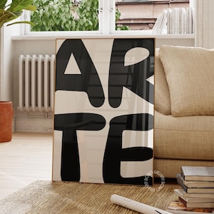 Lámina de arte mural ARTE, póster tipográfico, lámina de los años 70, arte mural negro, lámina con cita retro en negro y beige, decoración de pared para salón.