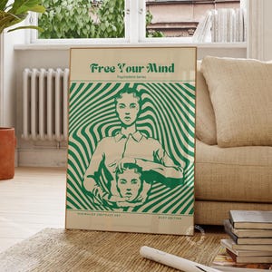 Psychedelia Green Retro Trendy Wall Art, Vintage Poster, Green Digital Prints, Preppy Room Decor, Funky Green Aesthetic Print for Apartment