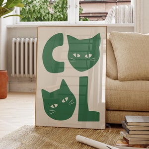 Cool Cat Art Print, Green Cat Digital Wall Art Print, Funny Cat Poster, Cute Kitten Illustration, Cat Lover, Gift, Cute Quirky Whimsical Art