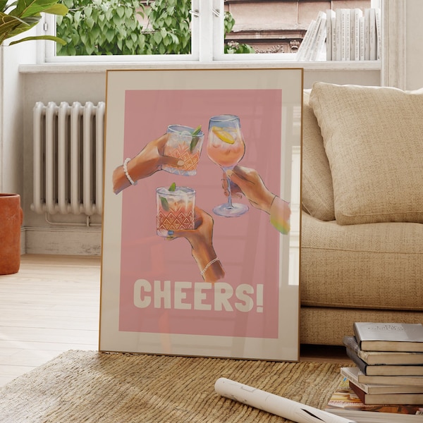 Retro Cocktail Cheers Print: Funky Bar Cart Wall Art (Digital Download)
