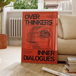 Overthinkers Art, Decorazione psichedelica arancione e nera per la stanza, Poster anni '70, Arte murale alla moda, Poster di affermazione, Stampa retrò, Download digitale di arte
