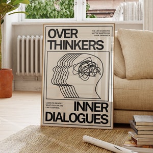 Arte mural de Overthinkers, póster psicodélico, decoración de pared vintage, arte surrealista retro, arte psicodélico, arte extraño, impresión descargable de los años 70, mediados de siglo