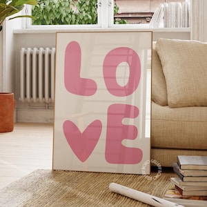 Póster de amor, arte mural rosa de moda, impresión de pared de los años 70, estética preppy Y2K, impresión tipográfica, impresión retro, arte del amor, póster maximalista, digital