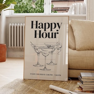 Cocktail Digitaldruck, Preppy Bar Warenkorb Kunst, Happy Hour Wandkunst, Vintage Küchen Dekor, Retro druckbares Poster, Alkohol Poster, Wanddekor
