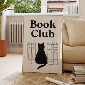 黒猫ポスター、読書クラブ猫デジタルプリント、ファンキーな印刷可能な猫アート、黒猫ウォールプリント、猫好きへの面白いギフト、レトロな猫の装飾
