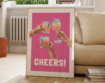 May include: A pink poster with a graphic of four hands holding up glasses of cocktails. The poster has the text "CHEERS!" at the bottom.