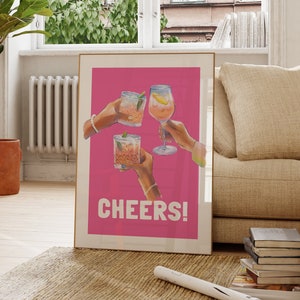 Impresión de "Cheers" en rosa, arte de pared imprimible, arte de pared rosa preppy, letrero de "Cheers", arte de carrito de bar, descarga digital, decoración de pared de carrito de bar, accesorios para carrito de bar