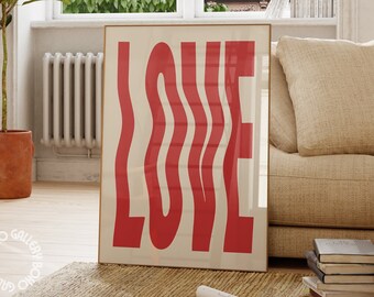 Red Love Wavy Print: 70s Retro Typography (Digital Download)