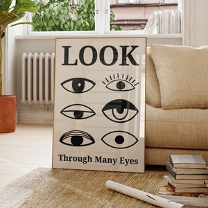 Arte de pared retro "Mira a través de muchos ojos", impresión tipográfica, póster psicodélico, impresión de pared de los años 70, póster vintage, arte de pared psicodélico, regalo espiritual