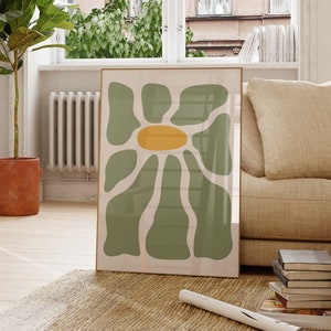 Estampado floral retro de los años 70, arte mural, estampados florales de Matisse, imprimibles, estampado de mercado de flores retro, arte floral abstracto verde, estética retro de moda.