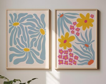Blauwe bloemenprints, botanische muurkunst, decoratieve afdrukbare muurkunst, blauwe bloemenprint, kleurrijke galeriewandset, bloemenmarktafdruk