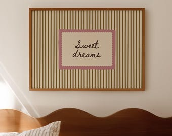 Sweet Dreams Print: Neutral Striped Bedroom Wall Art, Coquette Room Decor (Digital Download)