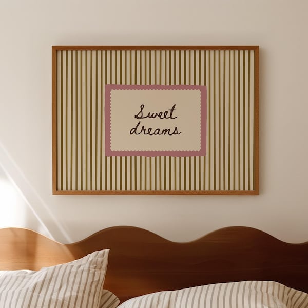 Sweet Dreams Print: Neutral gestreifte Schlafzimmer Wand Kunst, Kokette Zimmer Deko (Digitaler Download)