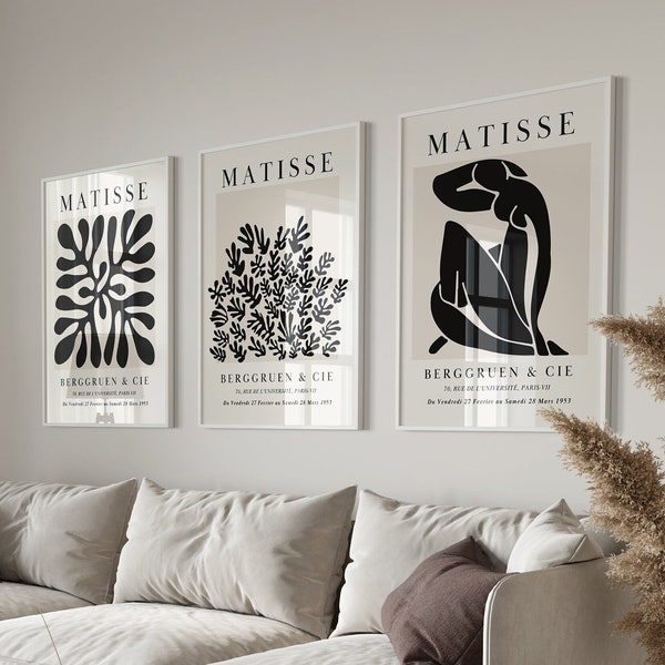 Ensemble de 3 estampes Matisse noires, oeuvre d'art murale Matisse, affiche de fleurs Matisse, grande oeuvre d'art murale en téléchargement numérique