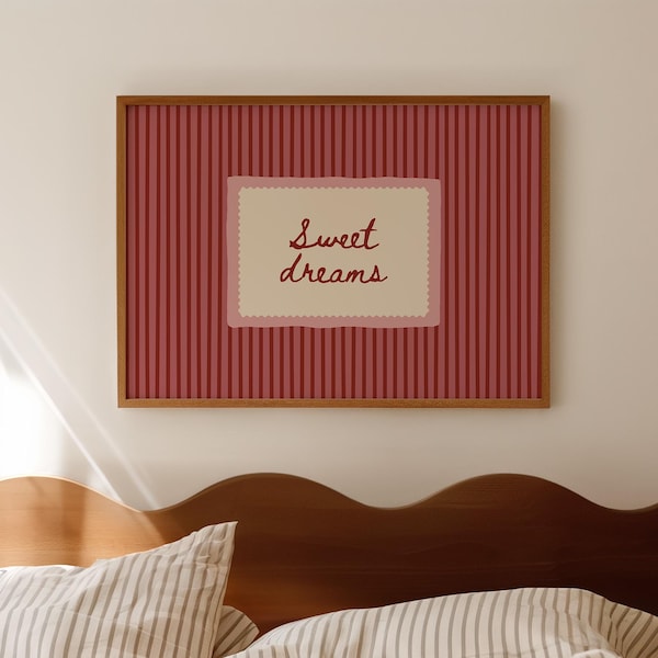 Retro Striped Schlafzimmer Druck: Süße Träume Wandbild, rosa Kinderzimmer Dekor (Digitaler Download, horizontal)