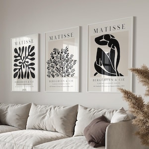 Juego de 3 impresiones negras de Matisse, arte de pared de Matisse, póster de flores de Matisse, juego de galería de pared en blanco y negro, descarga digital, arte de pared grande