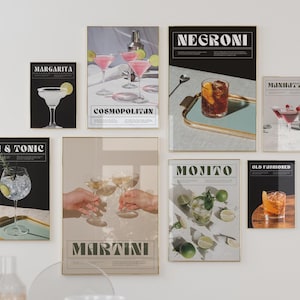 Zestaw wydruków na wózek barowy, sztuka ścienna do kuchni w stylu retro, modna sztuka ścienna, plakat koktajlowy, wydruk na zdrowie, dekoracja wózka barowego, wydruk napojów, drukowana sztuka ścienna