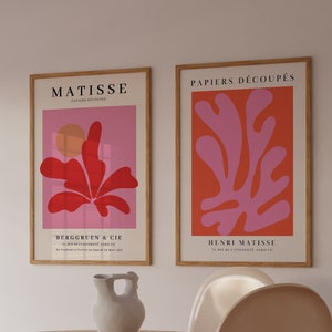 Affiche de l'exposition d'oeuvres d'art murales Henri Matisse, imprimés roses et rouges, imprimés scandinaves roses, gravures Matisse découpées, oeuvres d'art mural de galerie, art mural tendance