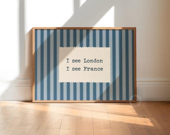 Lustiger Badezimmer Druck: Ich sehe London, ich sehe Frankreich Blau Typografie Poster (Digitaler Download, Horizontal)