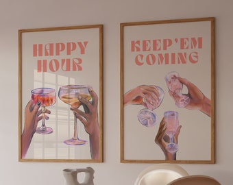 Juego de 2 impresiones de cócteles, DESCARGA DIGITAL, Póster de licor vintage, Arte mural para carrito de bar, Una ronda más, Sigue viniendo, Impresión retro de alcohol