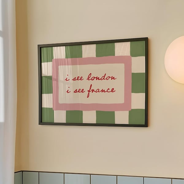 Lámina divertida para el baño: "Veo Londres, veo Francia", decoración retro peculiar (descarga digital, horizontal)