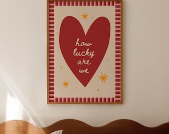 How Lucky Are We Print: Pink Red Stripe Quote, Vintage Nursery Decor (Instant Download)