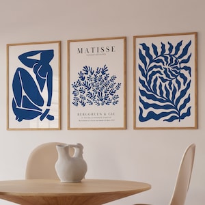 Navy Blue Henri Matisse Set of 3 Prints DIGITAL DOWNLOAD Matisse Prints Mid Century Modern Artwork Navy Blue Modern Floral Woman Body Line