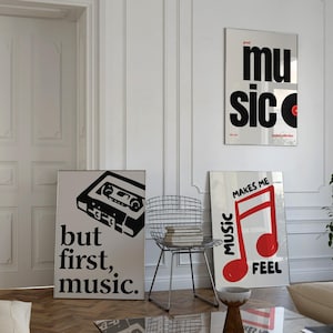 Retro Music Poster Set of 3: Vinyl, Cassette, Music Notes (Digital Download A1 Size)