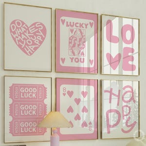 Trendy muurkunstset, preppy kamerdecoratie, lichtroze muurkunst voor slaapzaal, roze harten muurkunst, esthetische kunstprint, afdrukbare kunst, roze posters, roze posters