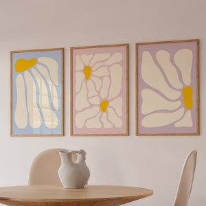 Abstract flower Prints, Retro Flower Wall Art Set, Boho Flower Poster, Retro Dorm Art, Groovy 70s Art, Trendy Room Decor, Pastel, Printable