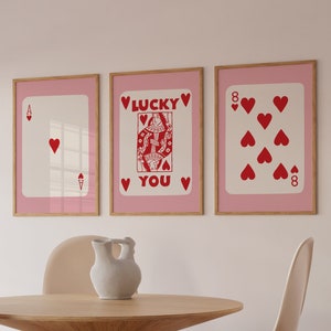 Trendy Retro Wall Art Set Of 3 Printable Wall Art Trendy Red Ace Of Hearts Print Pink And Red Poster Playing Card Poster Aesthetic Print