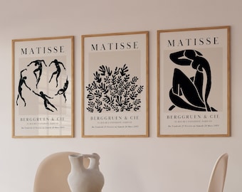 Black Matisse Print Set of 3, Famous Gallery Wall Art, Henri Matise Exhibition Poster, Printable Wall Art, Beige Boho Art Print, Bedroom Art