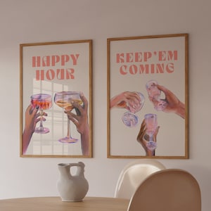 Cocktail Print Set Of 2 DIGITAL DOWNLOAD Vintage Liquor Poster Bar Cart Wall Art One More Round Keep Em Coming Retro Alcohol Print