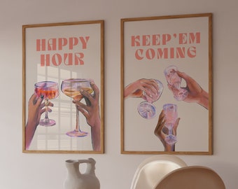 Set di 2 stampe di cocktail, DOWNLOAD DIGITALE, poster vintage di liquori, carrello da bar, arte murale, One More Round, Keep Em Coming, stampa retrò di alcolici