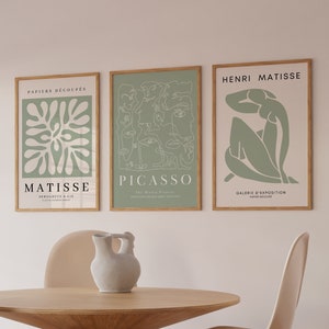 Sage Green Wall Art Set of 3 Picasso Print Set Matisse Print Set Exhibition Set Prints Botanical Digital Prints Abstract Printable Wall Art