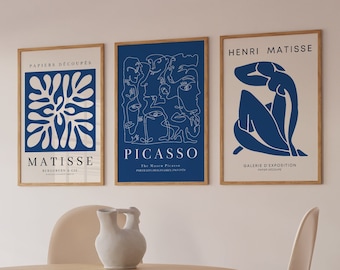 Marineblauwe print Matisse printset Picasso posterset Galeriemuurset van 3 Henri Matisse tentoonstellingsposter DIGITALE DOWNLOAD Blue Abstract