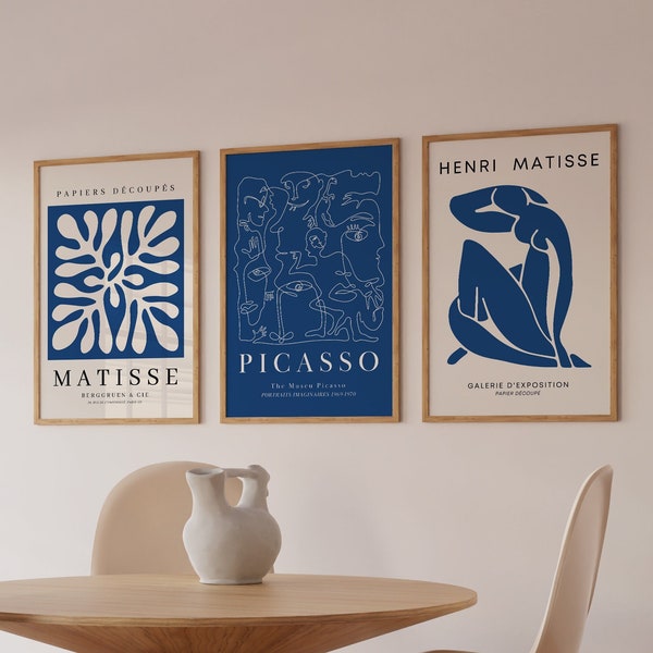Navy Blue Print Matisse Print Set Picasso Poster Set Gallery Wall Set of 3 Henri Matisse Exhibition Poster  DIGITAL DOWNLOAD Blue Abstract