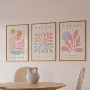 Arte de pared estético pastel, impresión de Matisse, decoración de habitación danesa en pastel, juego de 3 pósteres de Matisse en pastel danés, póster de color claro, arte de pared imprimible
