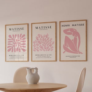 Conjunto de 3 impresiones de Matisse en rosa Conjunto de 3 pósteres de exposición en rosa Impresiones estéticas danesas en pastel Arte digital Descarga de impresiones en rosa claro