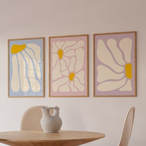 Láminas de flores abstractas, arte mural de flores retro, póster de flores bohemias, arte retro para dormitorio, arte moderno de los 70, decoración de habitaciones moderna, pastel, imprimible