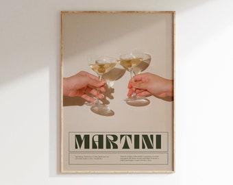 Impresión de martini, impresión artística de carrito de bar, póster retro de cócteles, póster de alcohol, arte imprimible, descarga digital, decoración de carrito de bar, arte mural de martini
